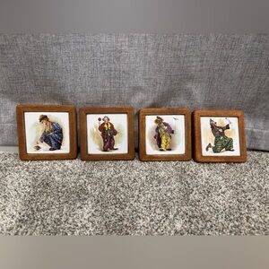 Set of Four Vintage Clown-Themed Ceramic Tile Coaster in Wooden Frames